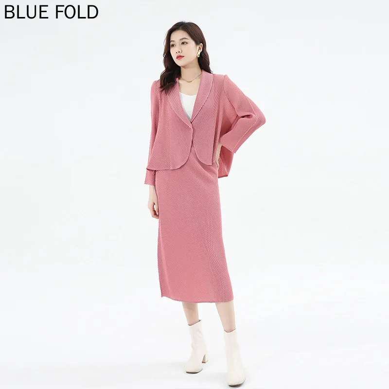 

Женский плиссированный костюм Miyake Commuter Blazer, осенняя юбка из высококачественного темперамента, элегантный комплект из 2 предметов, модный