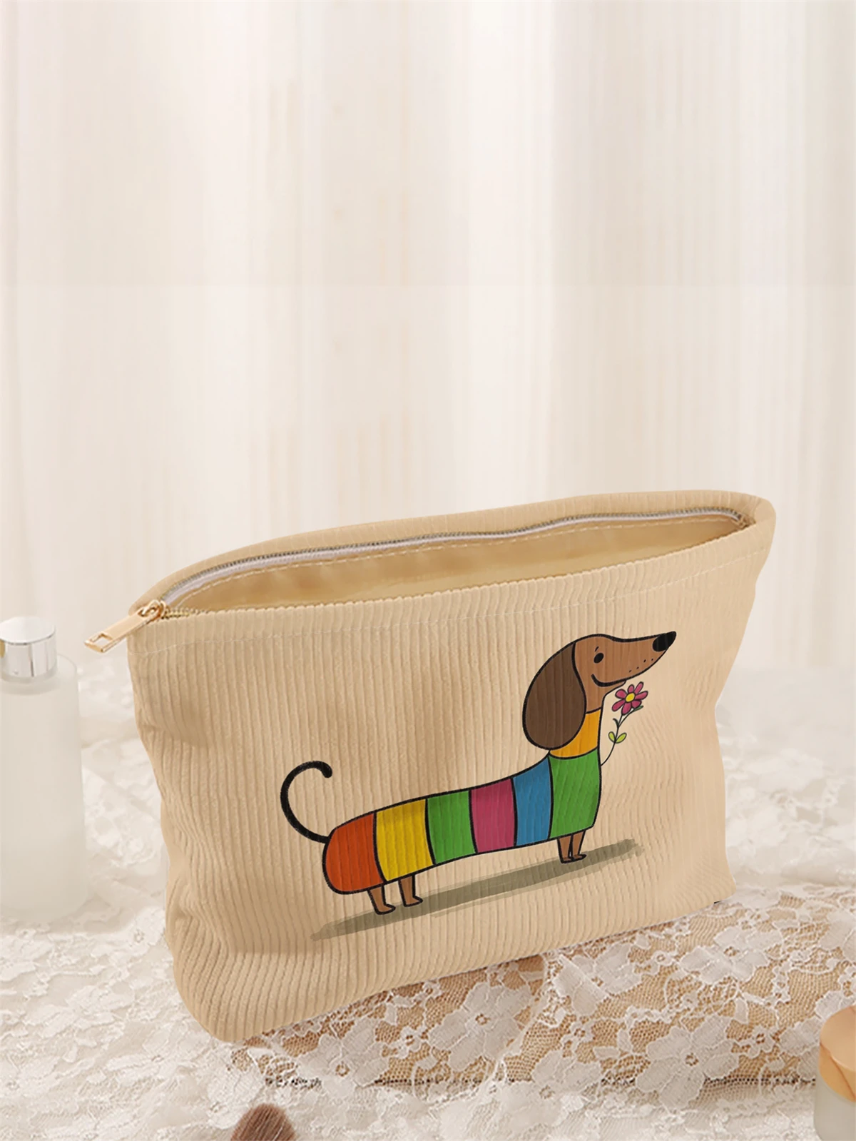 1pc cartoon dog pattern printed corduroy makeup bag, lightweight zipper makeup storage box, multifunctional bag with lining