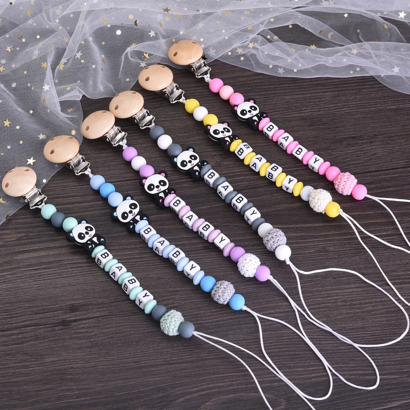 Panda Baby Pacifier Chain Cartoon Silicone Animal Beaded Teething Soother Care Chew Toy Dummy Holder Clip Personalized Name