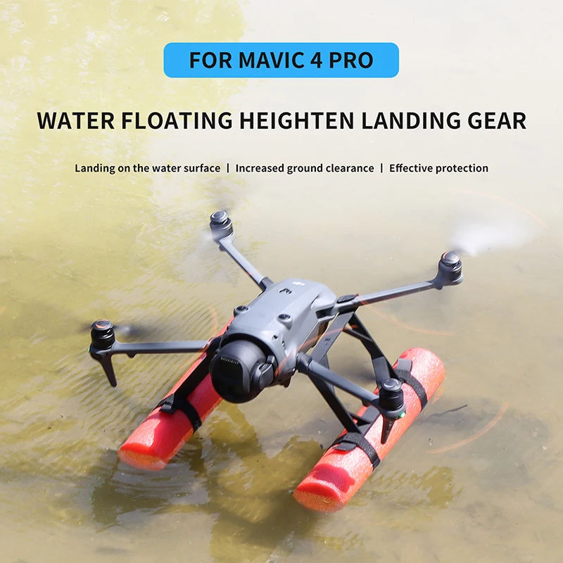 Drone DJI Mavic 4 Pro équipé du kit de flotteur, prêt à atterrir sur l'eau, accessoire de flottaison sécurisé