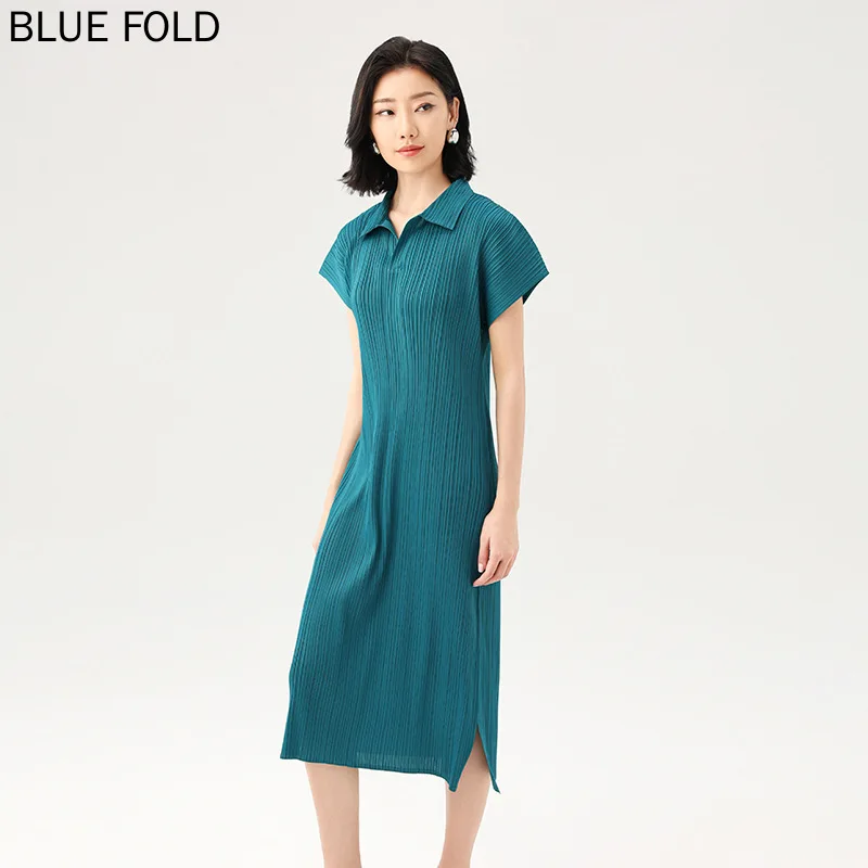 

2024 Summer Classic Miyake High-end Pleated Fashionable Lapel Casual Large Size Loose Dress PLEATS Elegant Vestido Robe