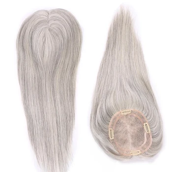 Sistema di Capelli Umani Vergini Russi Lisci 12-18 Pollici 1b Grigio Bianco, Parrucchino per Donne 5.5x6 Pollici, Topper in Monofilamento per Donna Bianca