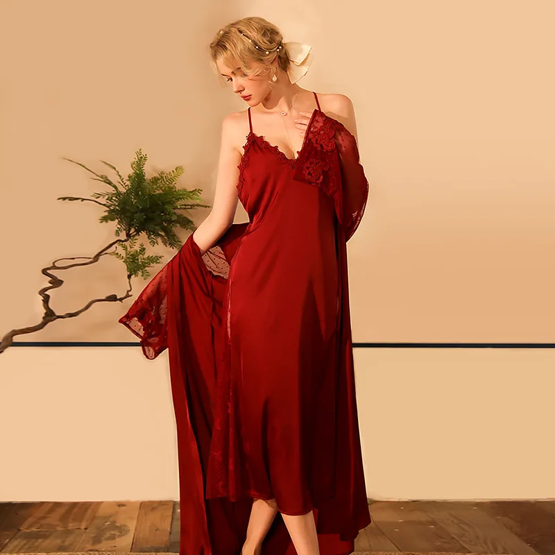 New Women Sexy Lace Nightgown Long Kimono Bath Gown Loose Suspender Nightdress Intimate Lingerie Wedding Bride Robe Set