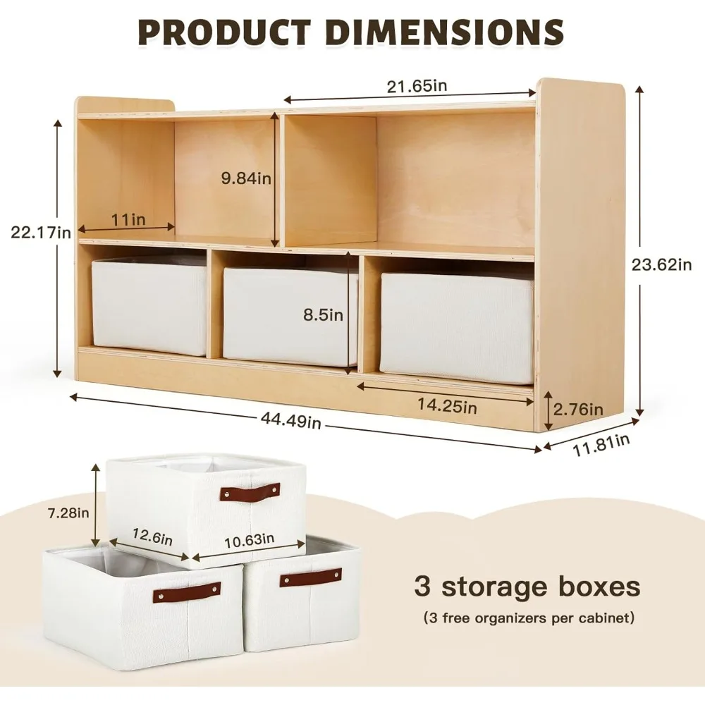 Shelf with Storage Boxes, Wooden Toy Storage Organizer for Books Toys, 2 Shelf Bookcase, 5-Section Storage Cabinet 2