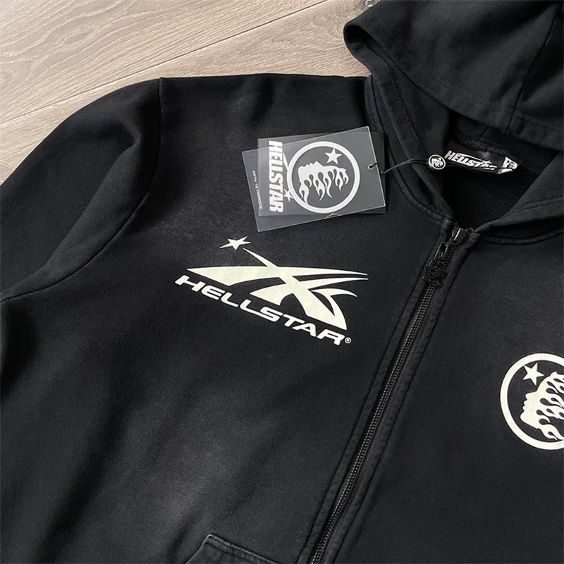 24ss Washed Black HELLSTAR Sports Zip Up Hoodie 1:1 Top Quality Logo Printing Oversized Womens Jacket Men Hooded Pullovers