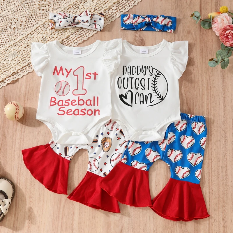 2024-03-19 Lioraitiin Infant Baby Girl Outfit Letter Flying Sleeve Romper with Baseball Pattern Flare Pants Headband 3Pcs Outfit