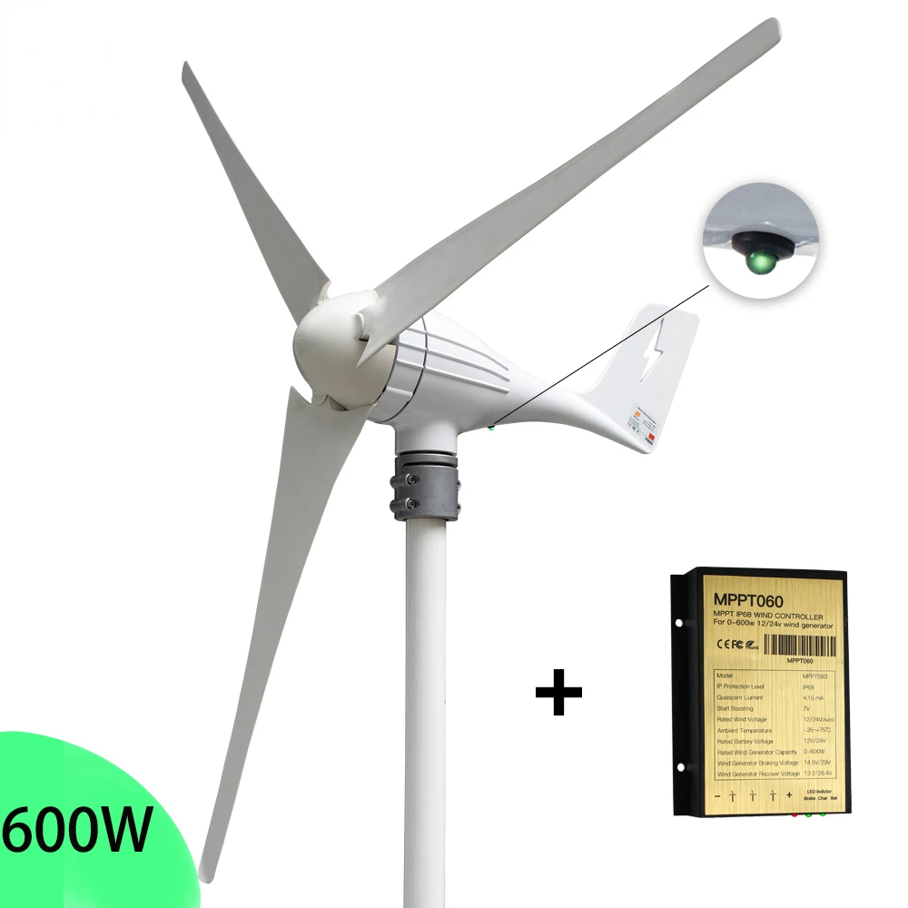 

Ship From Spain 12V 24V AC 600W Horizontal Axis Wind Turbine Generator Kit Home Windmill With LED Light Free MPPT Controller