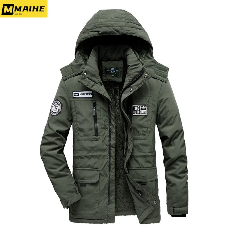 

Winter Windproof Jacket Men's fleece-lined Thick Warm Pocket Parka Military Tactical Cold-proof Removable Cap Mid-length Coat