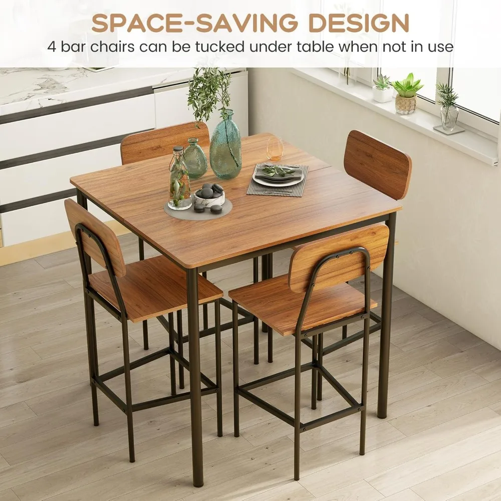 5-Piece Dining Table Set W/Counter Height Table & 4 Bar Stools, Industrial Kitchen Dining Table Set WITH/Footrest and Backrest 3
