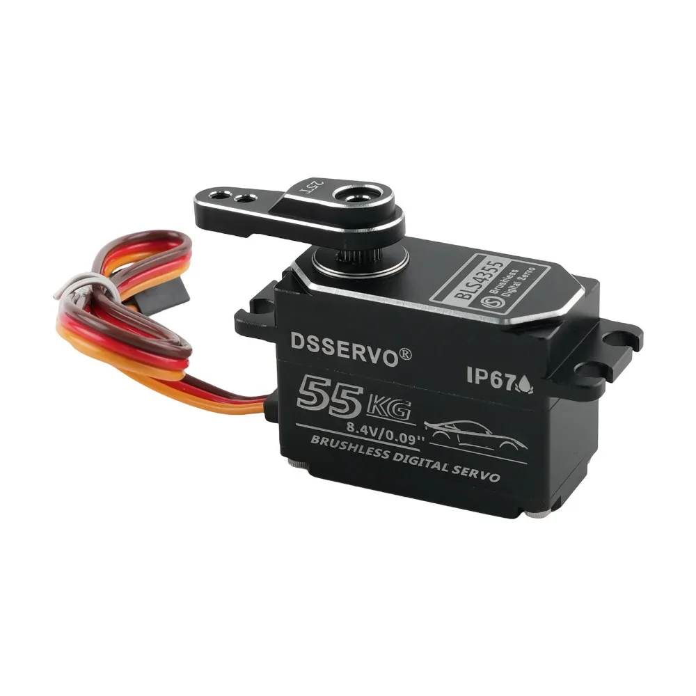 Servomoteur numérique sans balais 55KG à couple élevé étanche IP67 pour voiture RC Crawler 1/8 1/10, vue latérale avec les ailettes de refroidissement.