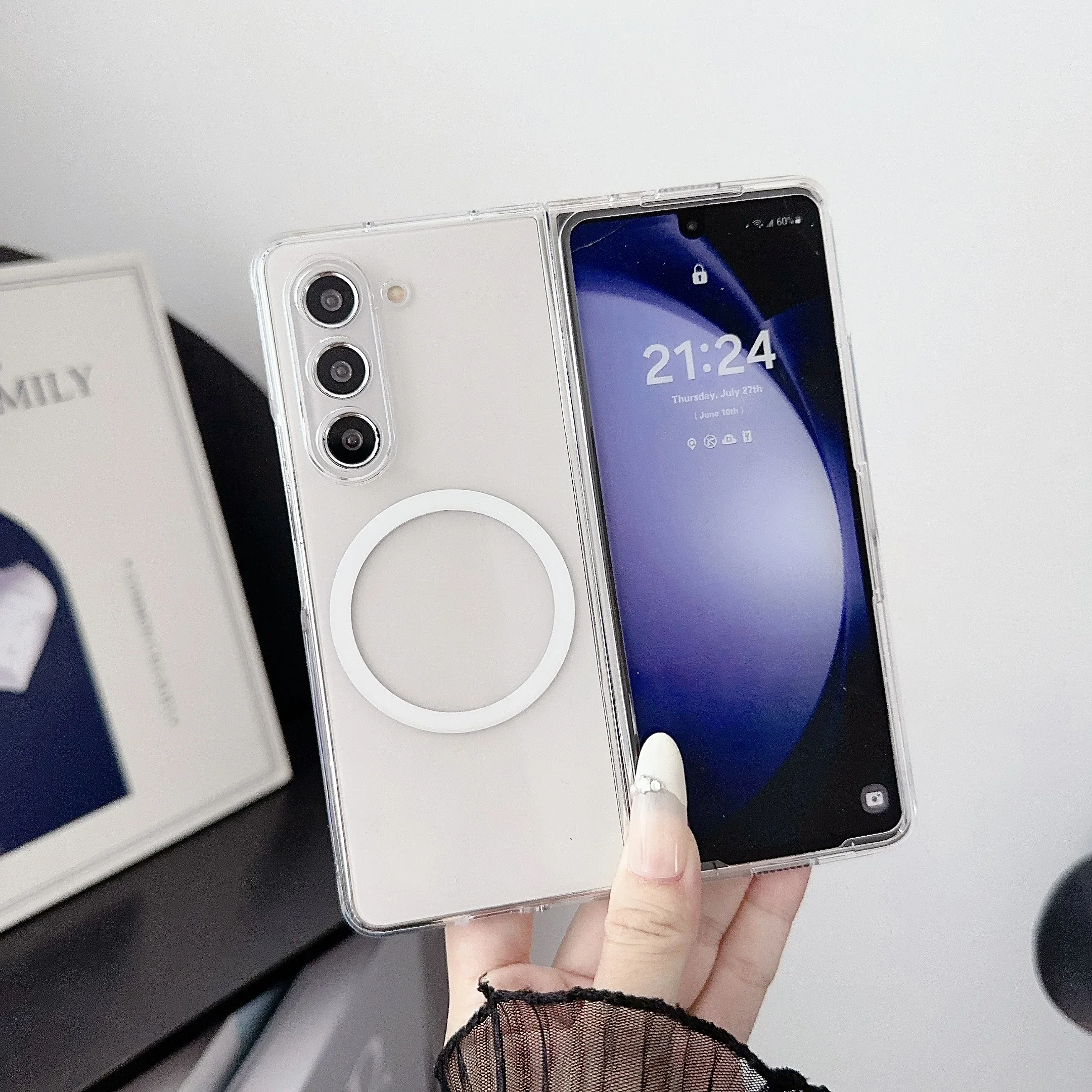 Sleek Transparent Magnetic Wireless Charging Phone Case with Hinge Protection