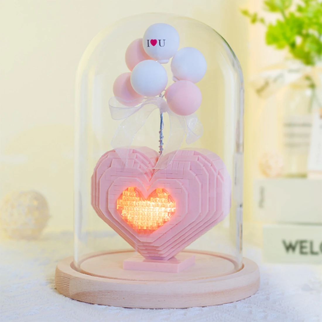 

DIY Romantic Pink Heart Micro Building Block Balloon Love Diamond Brick 3D Model Toys For Girl Friend Festival Gifts With Light