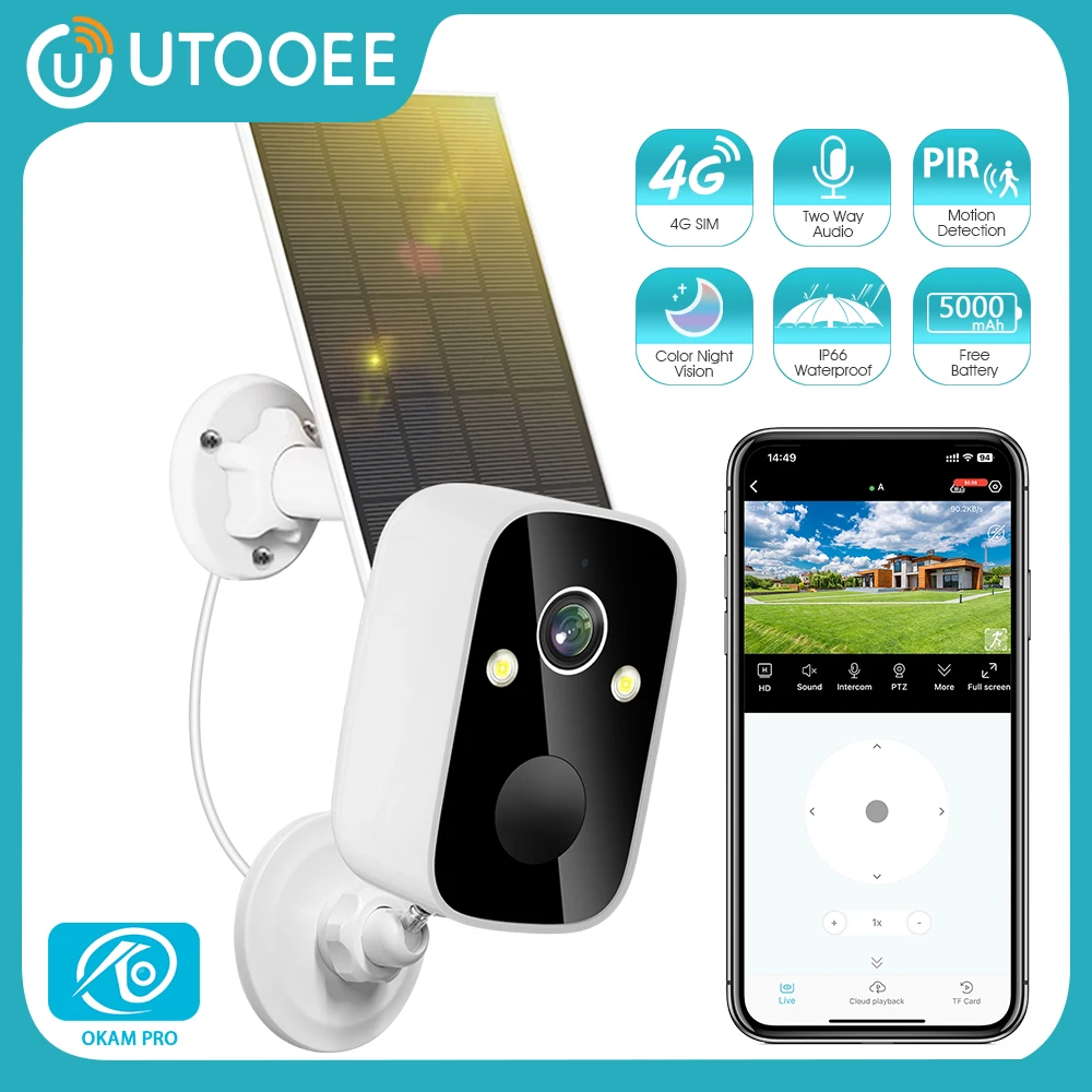 

UTOOEE 5MP 130° Wide Angle 4G Solar Camera Built-in Battery PIR Motion Detection Security CCTV Surveillance IP WIFI Camera