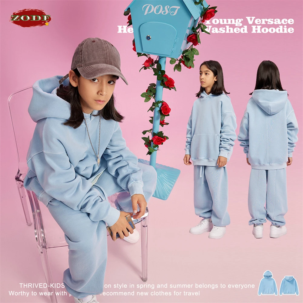 ZODF Kids New 2023 Washed Fleece Hoodies Retro Children Girls Boys Loose 355gsm Comfortable Warm Pullovers Streetwears KH0020 4