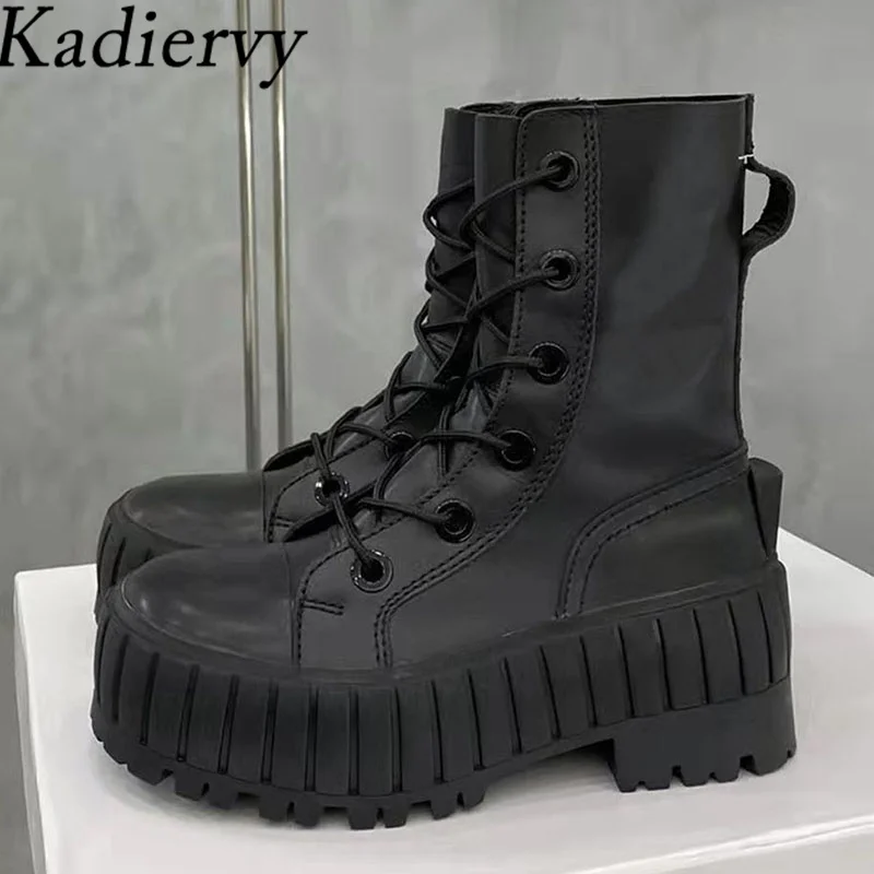 

New Thick Sole Short Boots Woman Lace Up Round Toe Military Shoes Female Genuine Leather Flat platform Motorcycle Boots Women