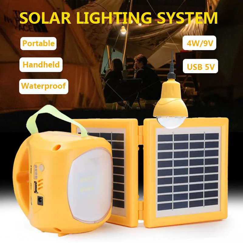 Solar 9v Conduziu a Lâmpada Recarregável Usb do Sistema de Iluminação Acampamento com Lâmpada Portátil para a Barraca ao ar Livre Lanternas Luzes de Emergência