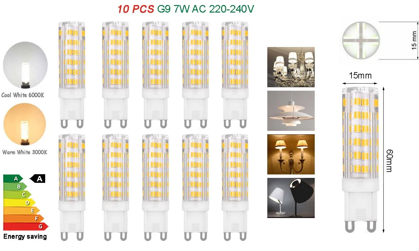 10 pçs g9 led lâmpada 220v 7w