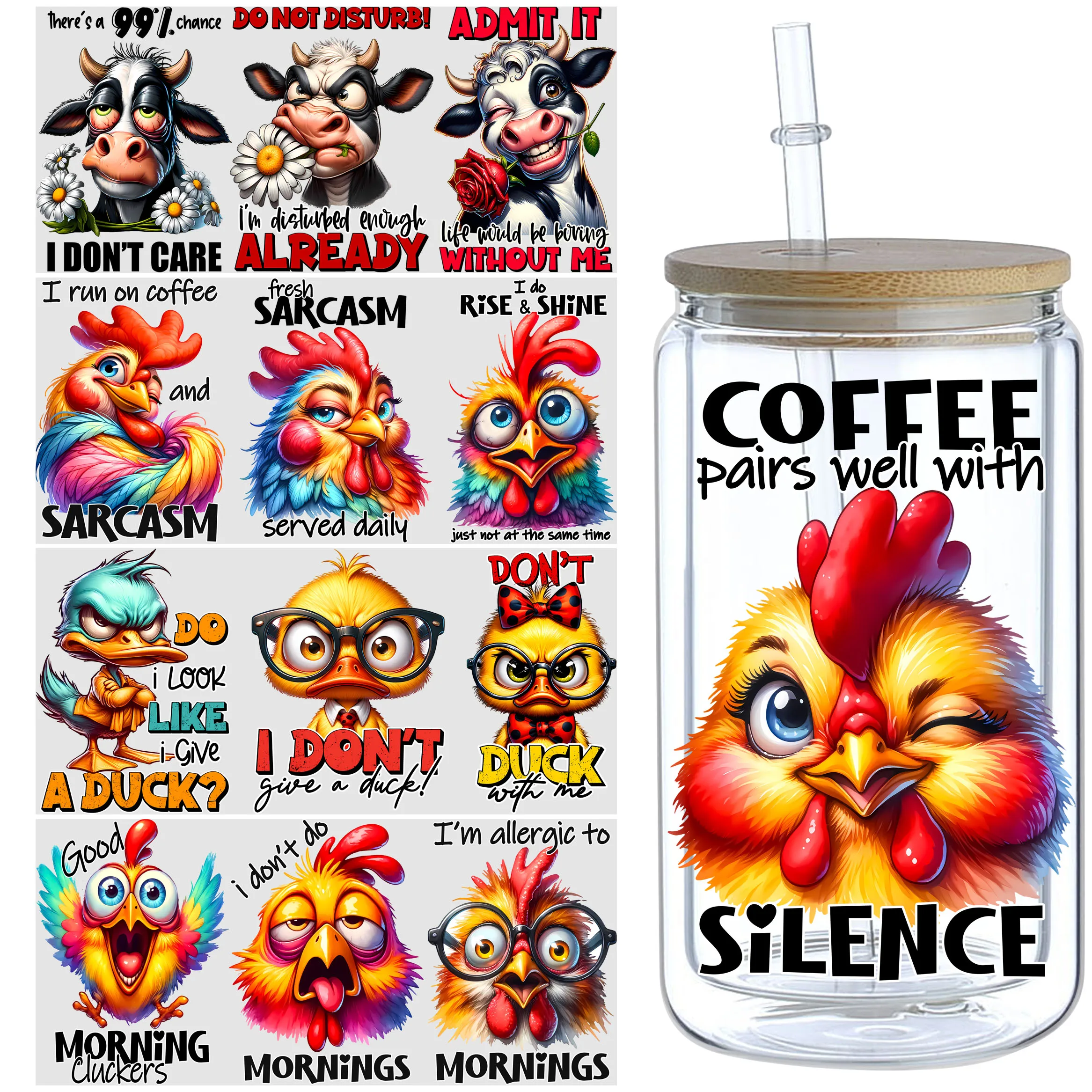 5 sheet Funny Animal UV DTF Cup Holders 16 oz, DTF Cup Holder Transfer Glass, Friction Transfer Stickers, Furniture Crafts