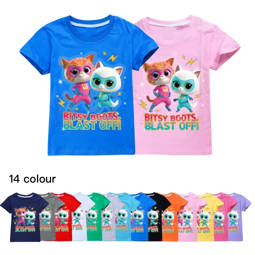 New Game Super Kitties Kids Clothes Summer Baby Boys Cotton T shirt Toddler Girls Short Sleeve Tops 2~14Y