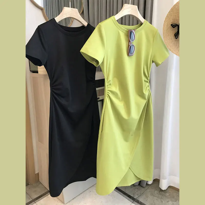 

Summer Short Sleeve T-Shirt Dress Women 2023 Fashion Office Lady Folds Dress Grace Solid O Neck Loose Arder Clothing