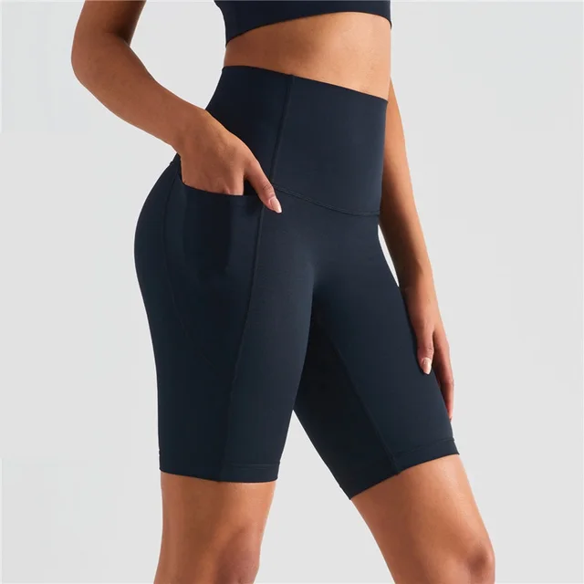 Solid Color High Waist Side Pockets Butter Soft Fitness Tight Women Sports Yoga Legging Shorts Breathable Cycling Athletic Gym Black