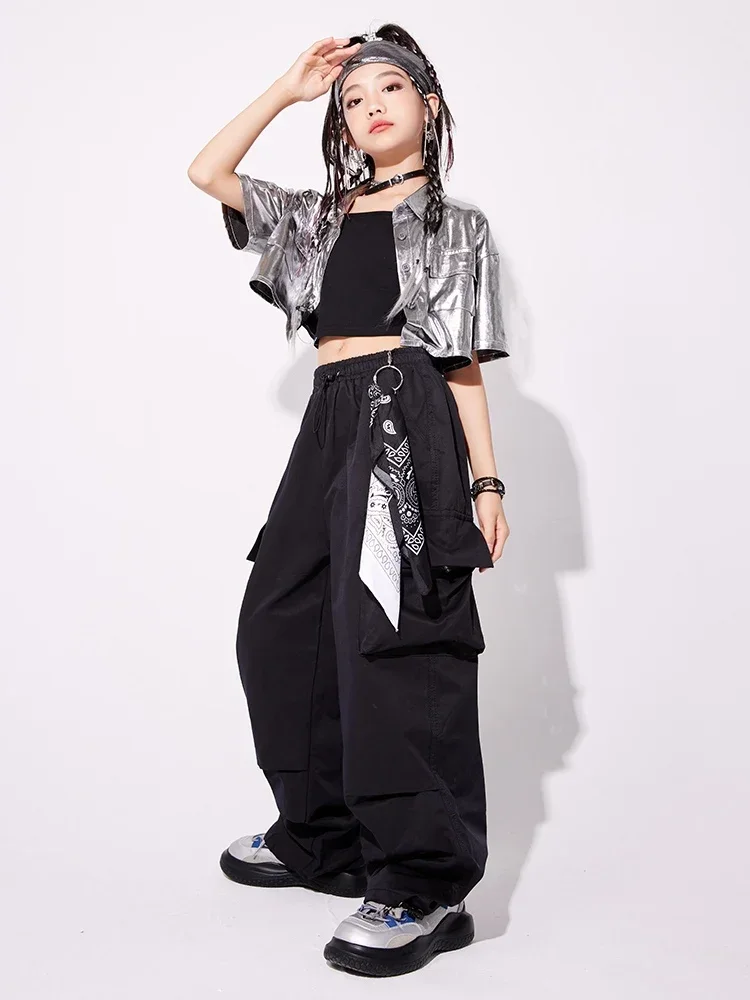 Silver Short Coat Black Cargo Pants Modern Kpop Clothing Kids Jazz Performance Stage Outfit Girls Hip Hop Dance Costume