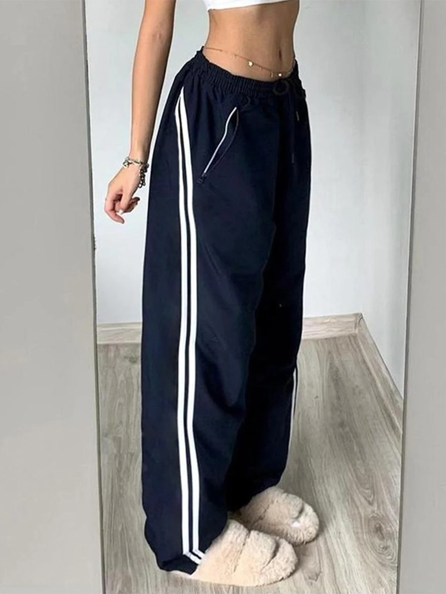 

Women s Striped Casual Pants with Elastic Waist and Fashionable Pockets - Perfect for Daily Streetwear