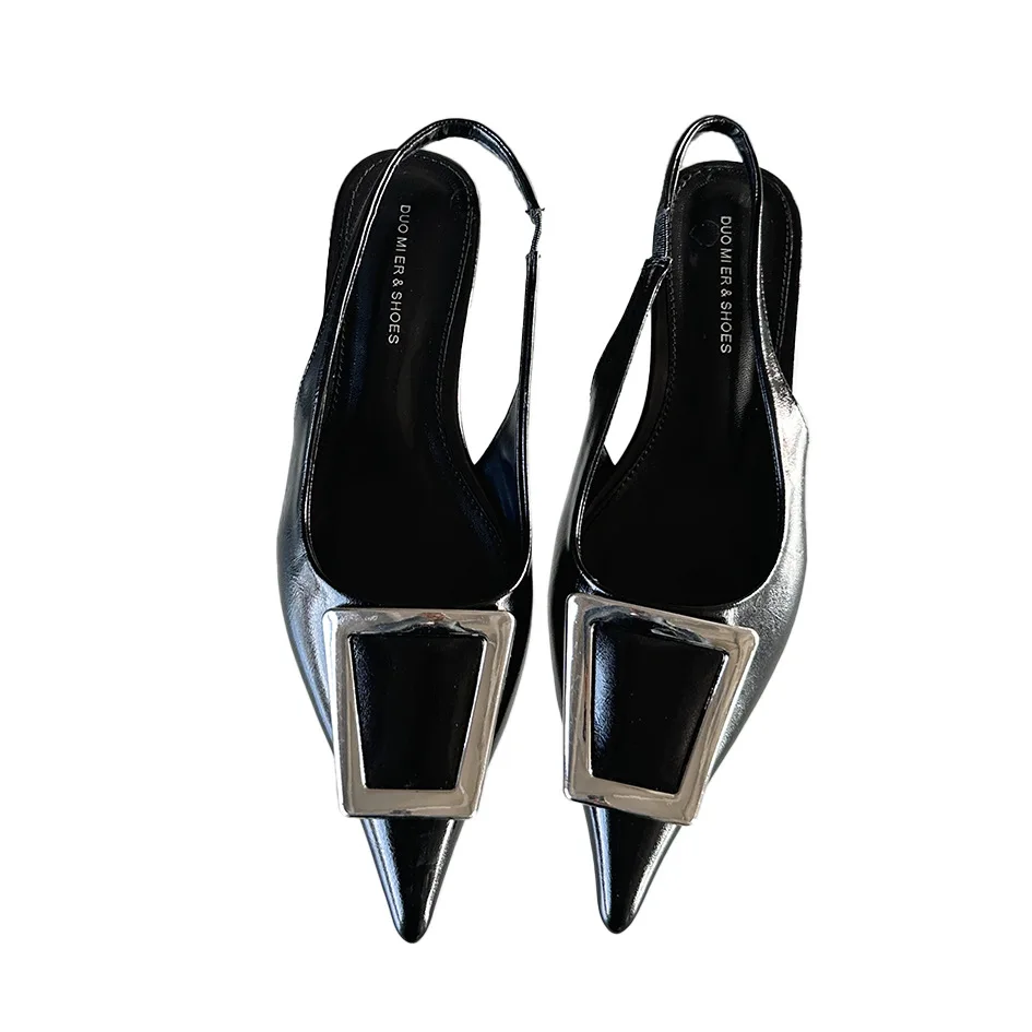 French Baotou Slim Heel Sandals Summer Metal Buckle Style Celebrity Pointed Low Heel Shoes Half Slippery Single Shoes for Women