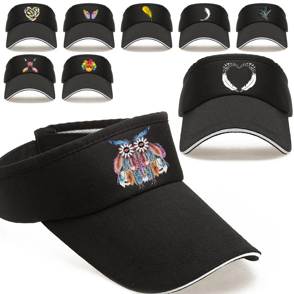 

Women's Adjustable Breathable UV-proof Cotton Empty Top Cap Summer Sunscreen Visors Hats Men Baseball Caps Feather Print Sun Hat