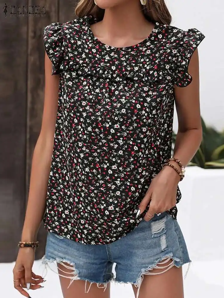 

2023 ZANZEA Summer Fashion Ruffles Blouse Femme Floral Printed Tops Bohemian Casual Sleeveless Tank Shirt Woman O-Neck Chemise