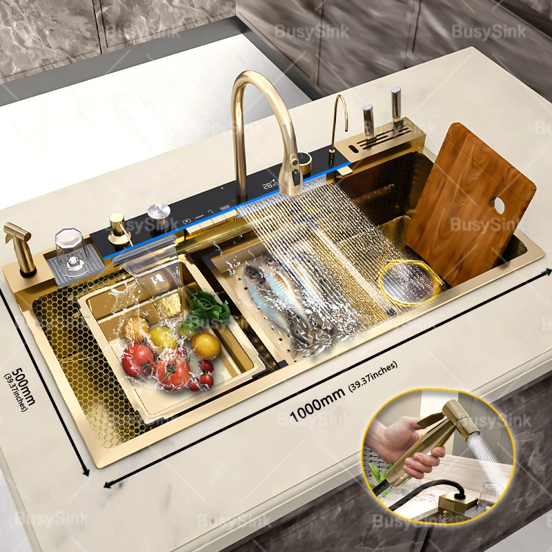Gloden Stainless Steel Waterfall Kitchen Sink with Faucet Digital Display Multifunctional Large Single Slot Dishwashing Basins