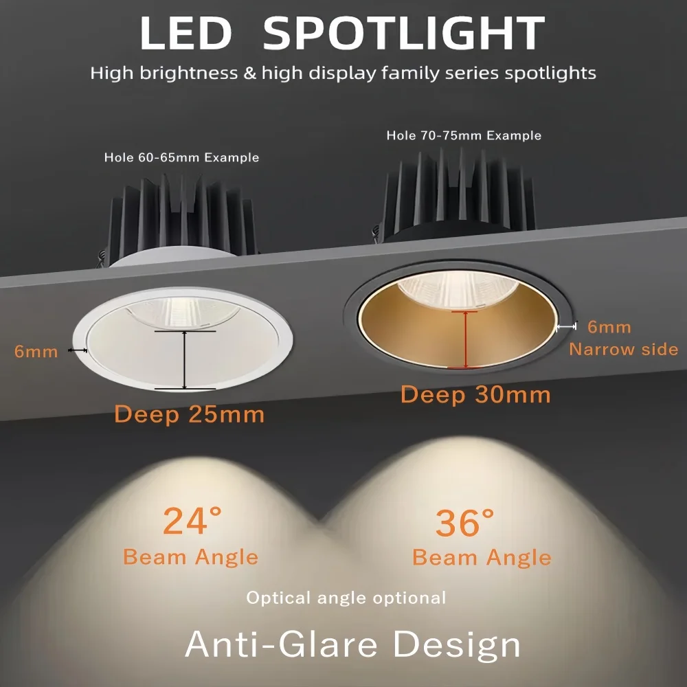 LED Downlight Recessed Ceiling Spotlight Dimmable Led Downlight Aluminum COB 110V 220V Home Office Store Spot led Hole 65/75/90mm