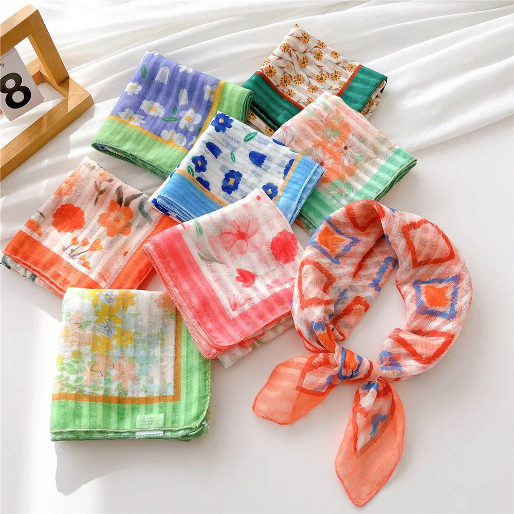 

55cm New Stylish Cotton Linen Girl Flower Thin Square Scarf Women Fashion Bandanas Head Hair Accessories Bag Scarves Ornament