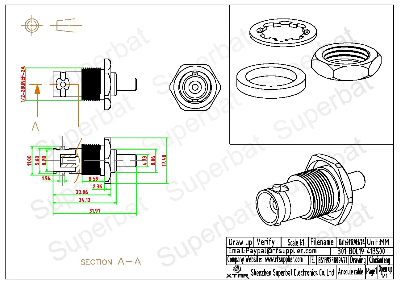 BNC Crimp Female RF Coaxial Connectors for LMR195 Cables
