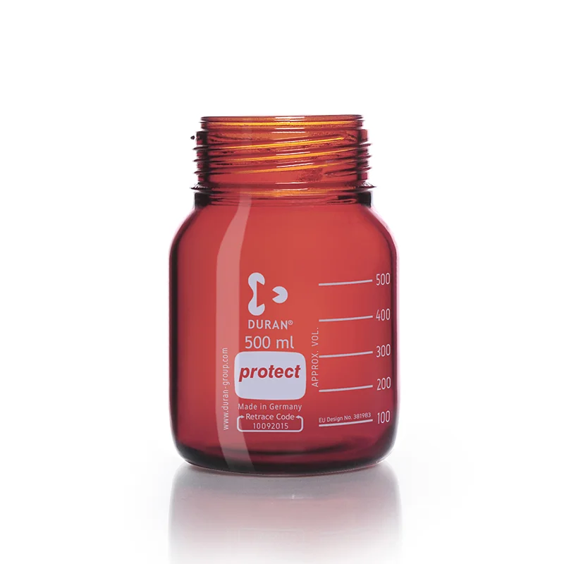 DURAN® protect GLS 80® Laboratory Bottle, wide mouth, amber, plastic safety coated, without screw cap and pouring ring