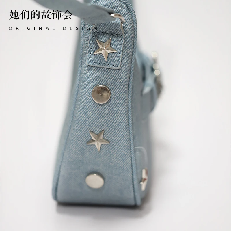 Handmade Girls Denim Blue Bag Rose Red Bow Fashion Sweet Underarm Bag Rivet Five-Pointed Star Handbag for Women