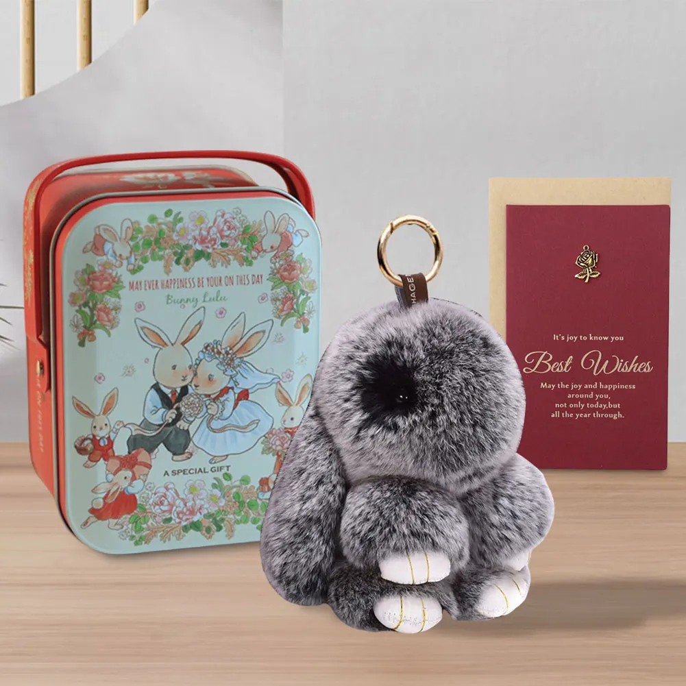 Kawaii Stuffed Animal Keychain Tin Car Key Chain Lovely Bunny Lulu Keyring Pendant with Gift Box & Greeting Card for Bags Keys