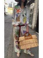 Bohemia Satin Print Loose Two Piece Sets Women Causal Long Sleeve Shirts+Long Wide Leg Pants Female Beach Summer Outfits - Image 2