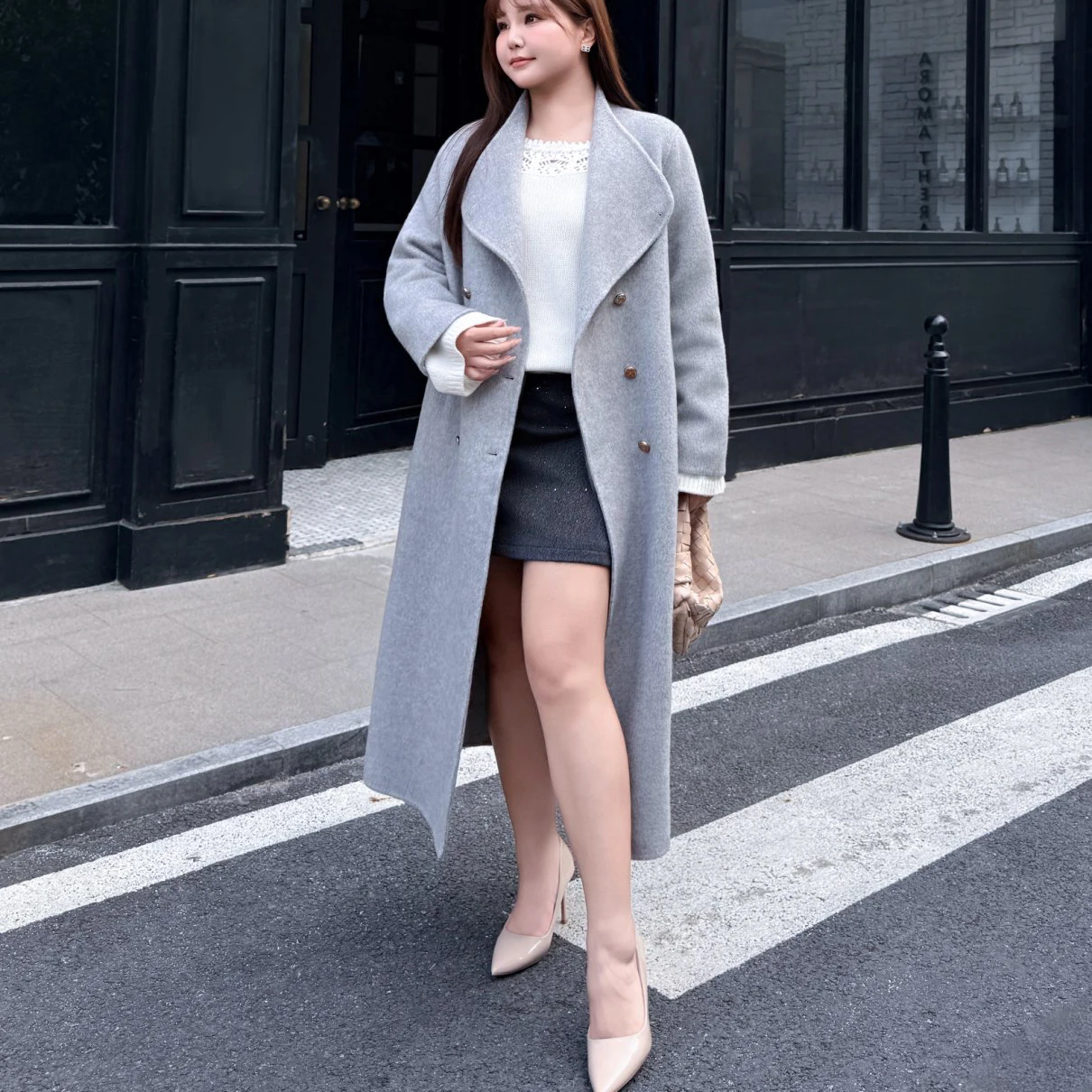 Fashion Plus Size Women Woolen Coat Premium Simple Luxurious Commuter 69% Wool Double Sided Gold Buckle Loose Long Overcoat 9428