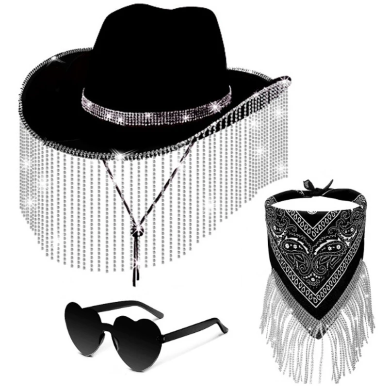 

Tassels Cowgirl Hat with Cowgirl Bandanas and Heart-shaped Glasses Set, Costume Cosplay Party Wide Brim Dress Cap Drop Shipping