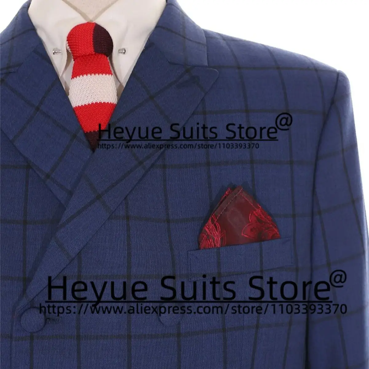 Business Navy Blue Plaid Men Suits Slim Fit Double-breasted Groom Formal Tuxedos2Pcs Sets High Qublity Male Blazer Costume Homme