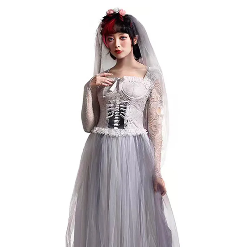 

Grey Women Halloween Skeleton Corpse Bride Costumes Female Ghost Zombie Cosplay Carnival Purim Parade Role Playing Party Dress