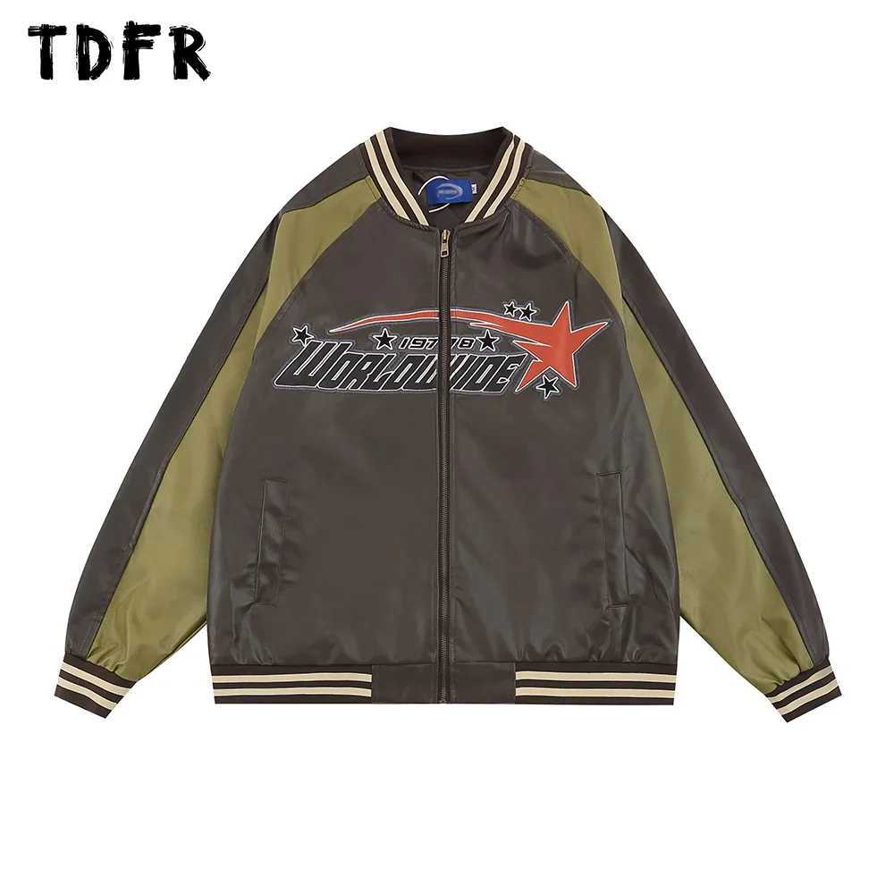 

Contrast Paneled PU Leather Jacket Mens Letter Embroidery Casual Streetwear Stand Collar Long Sleeve Baseball Jacket Men