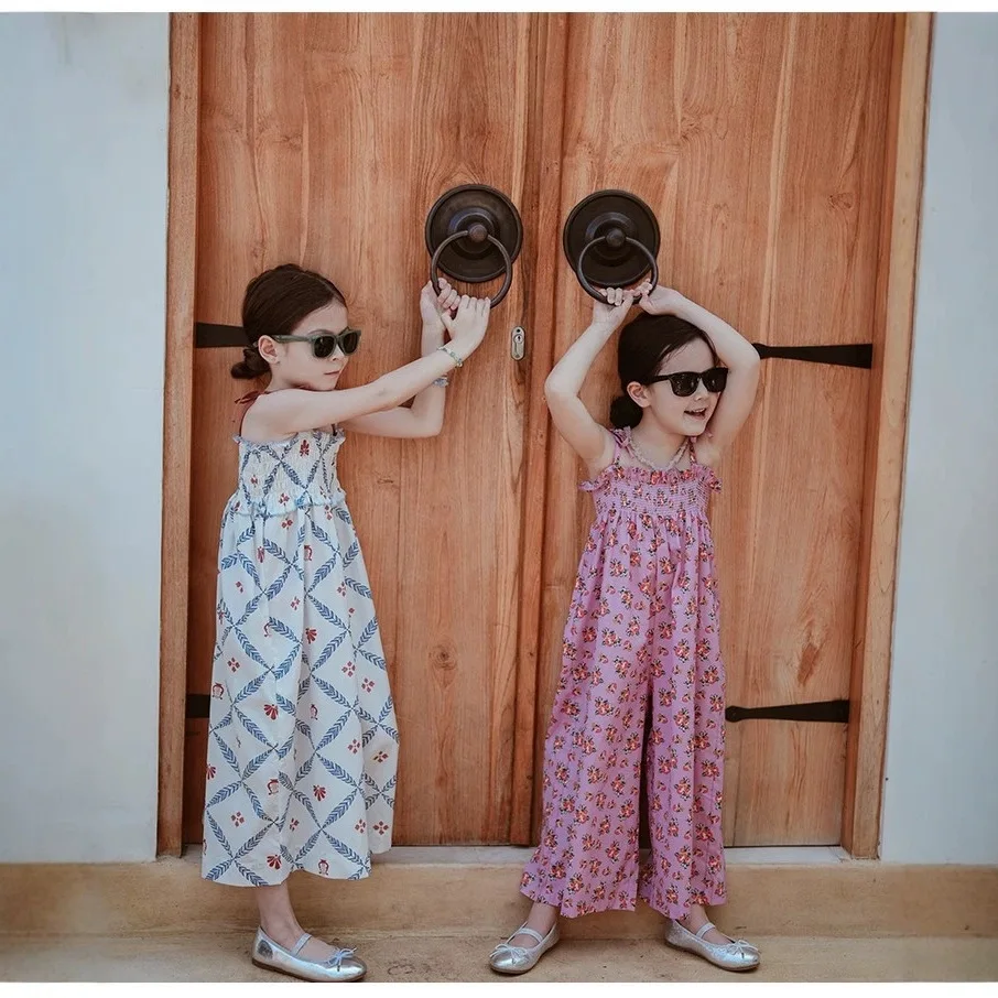 Summer Girls' Retro Floral Suspender Jumpsuit Suspender Loose Wide Leg Pants European and American Style Children Kids Rompers - Image 2