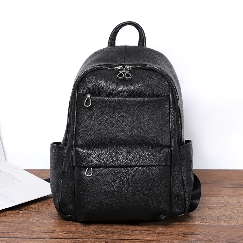 Fashion Multi Pockets Men Backpack Genuine Leather Black Laptop Bag Mochila Student Bookbag Boys School Bag Travel Rucksack Men