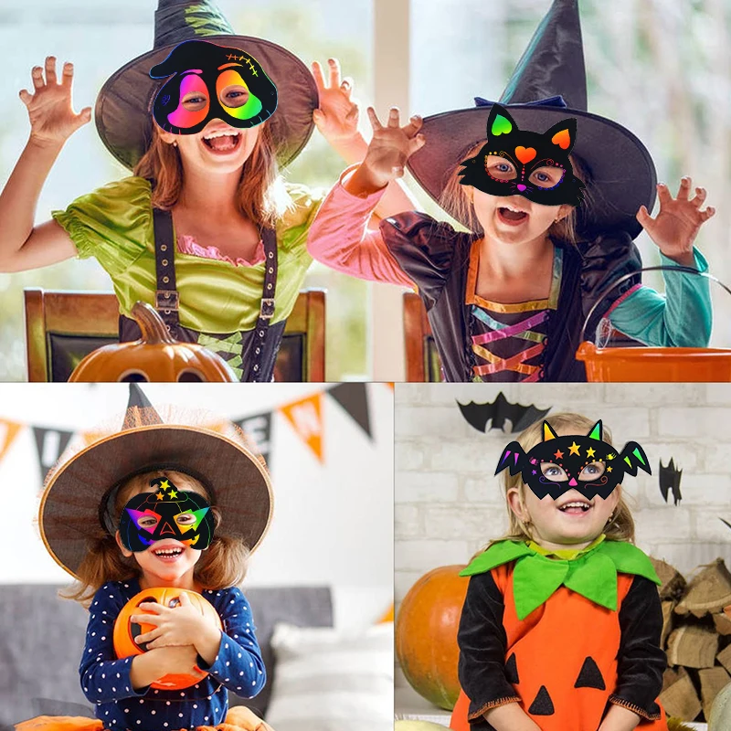 Leesgel Halloween - Carta da grattare per bambini, 32 pezzi, per maschere di Halloween, Scratch Art per fai da te, decorazione, travestimento e accessori di Halloween