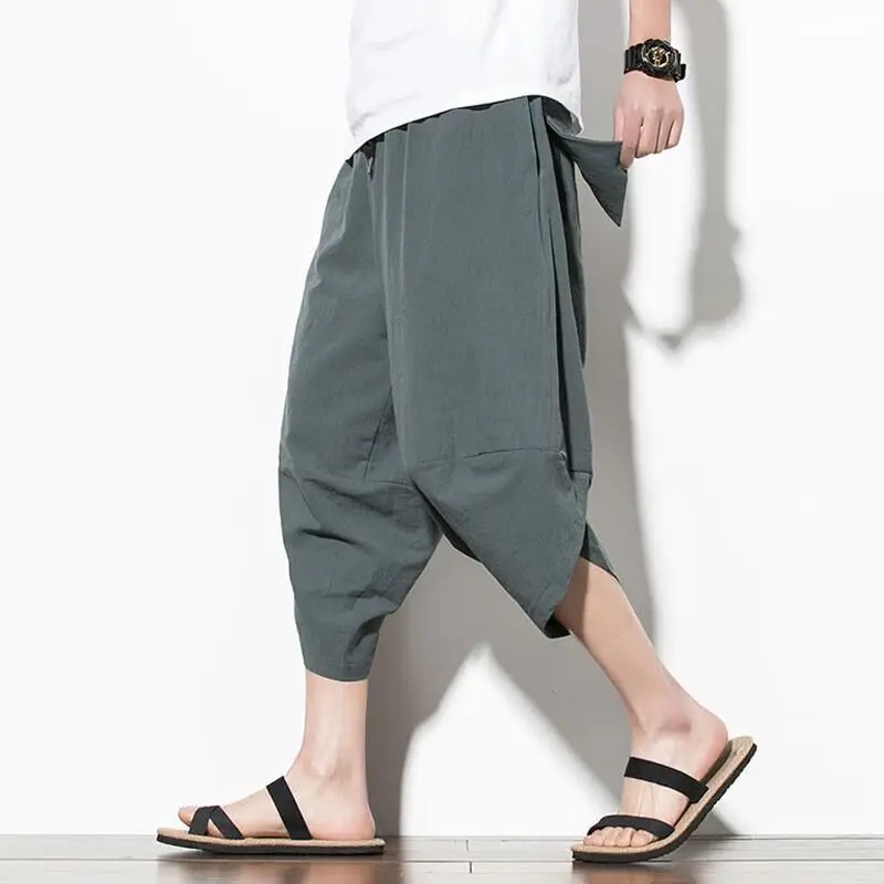 100% Linen Men Summer Capris Pants Oversize Cozy Streetwear Beach Holiday Patalon Vintage Party Casual Breathable Bloomers