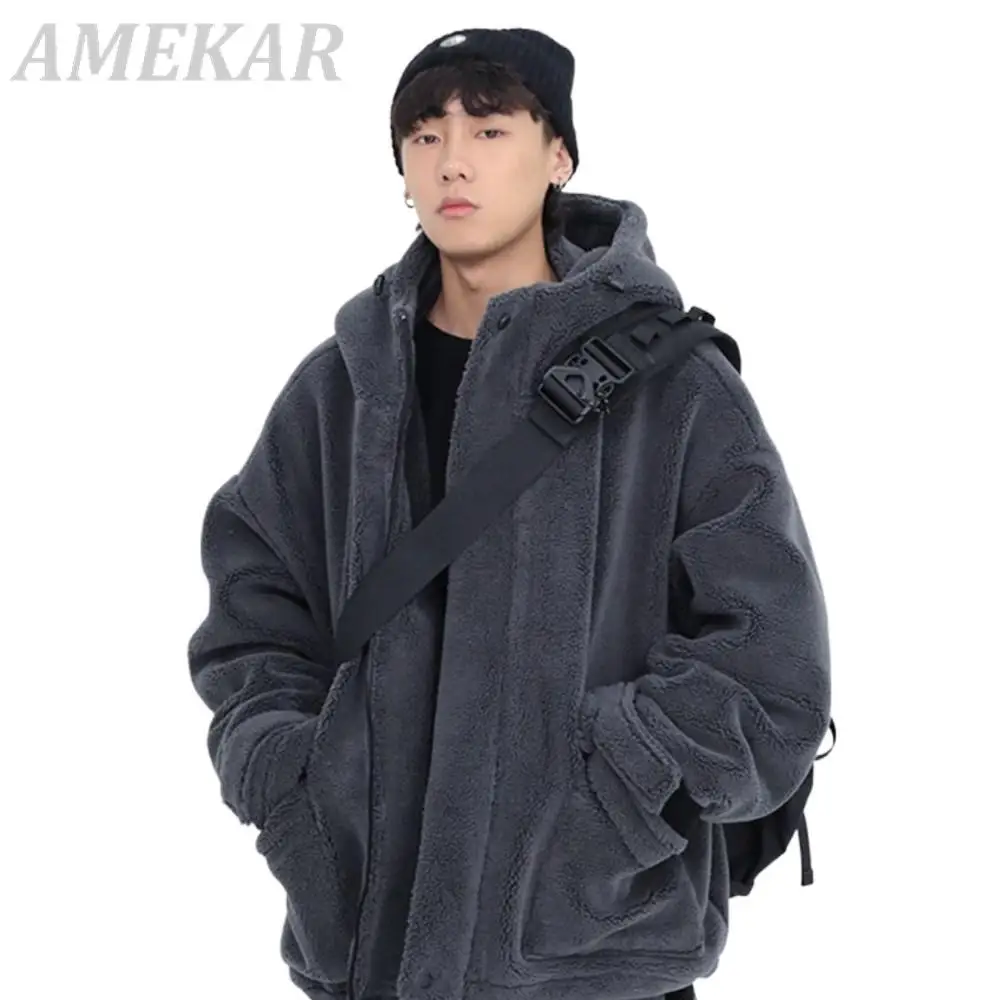 

2022 Winter Thick Warm Oversized Dark Grey Sherpa Jacket Men with Hood Zip Up Harajuku Fluffy Loose Casual Faux Lamb Fur Coat