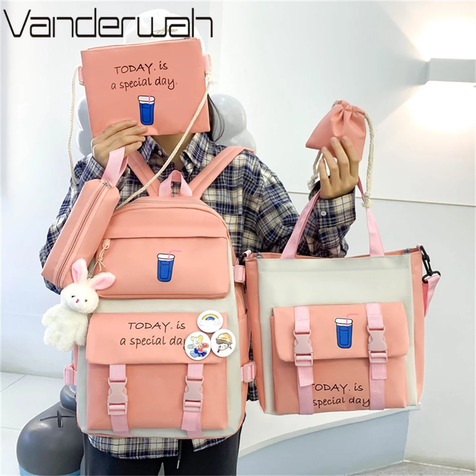 

Милый рюкзак 5 шт./компл. в стиле преппи, вместительный рюкзак для девочек-подростков, уличная дорожная школьная сумка, рюкзак, школьные сумки для книг