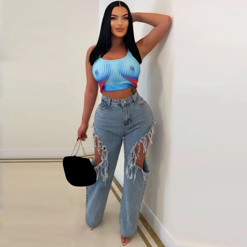 

WUHE Ripped Cutout Tassel Star Back Zipper Fly Straight Jeans 2023 New Summer Women Fashion Street Denim Pants Trousers